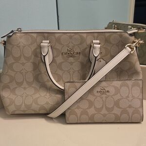 Coach Beige and White Wallet and Tote Set